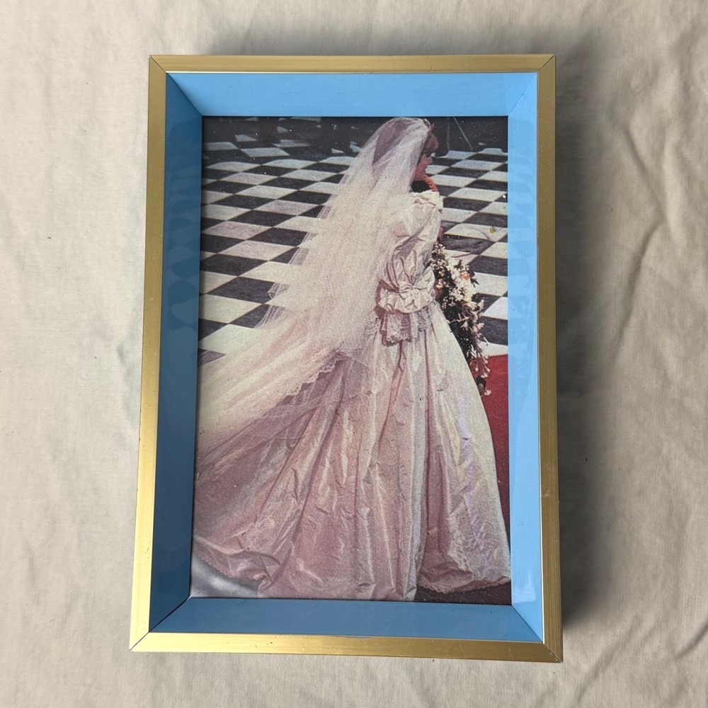 VTG Princess Diana Wedding Photo Gold Blue Frame Small 4x6 Tabletop Easel